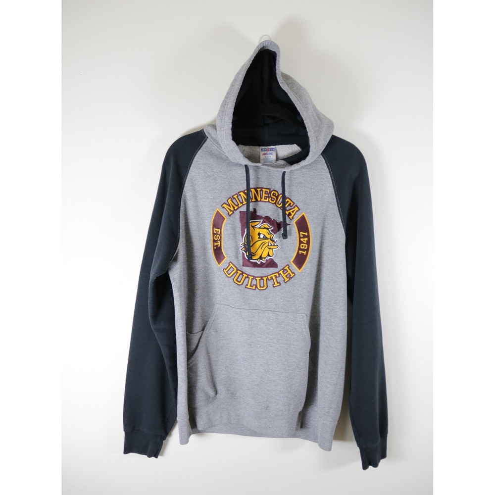 Jerzees Mens Minnesota Duluth Bulldogs Hoodie Grey Navy Raglan Sweatshirt Medium